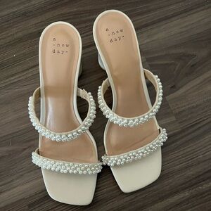 A New Day Audra Mule Heels Cream with Pearls